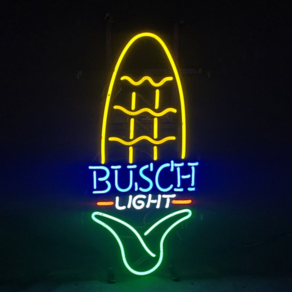 Neon sign shaped like an ear of corn in yellow with green husk and blue and white 'Busch Light' text below on black background