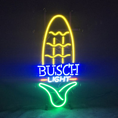 Busch Light Corn Neon Sign glowing with a warm orange hue on a metal grid backing