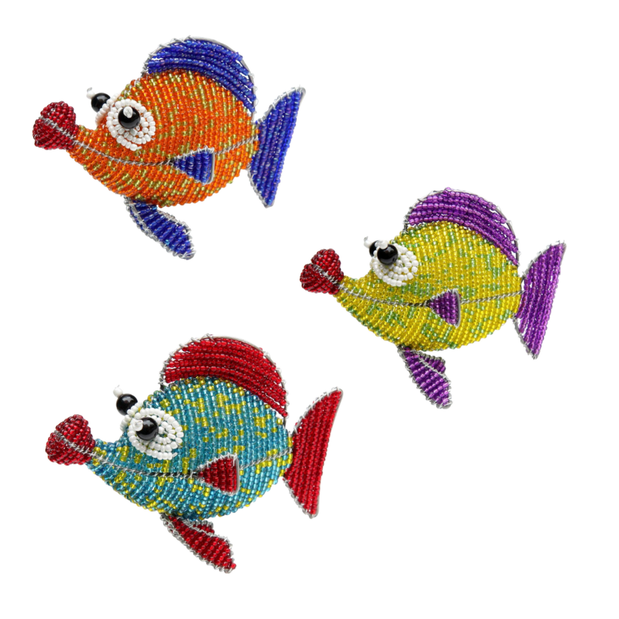 Colorful hand beaded Button Fish decorative figurines in Yellow, Teal, and Orange