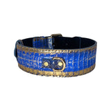 Blue snake-patterned collar with gold accents and gold D-ring hardware, shown in a curved position on a white background.