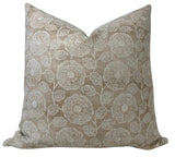 Freedia Pillow Cover in Dune showing the printed front and ivory linen back.