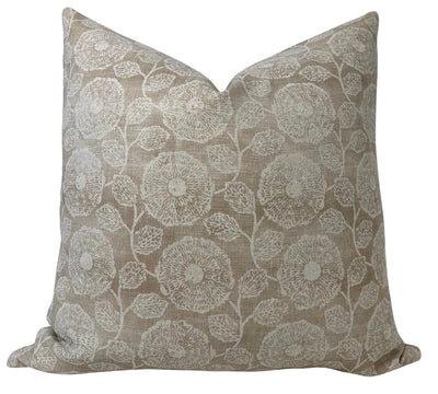 Freedia Pillow Cover in Dune showing the printed front and ivory linen back.