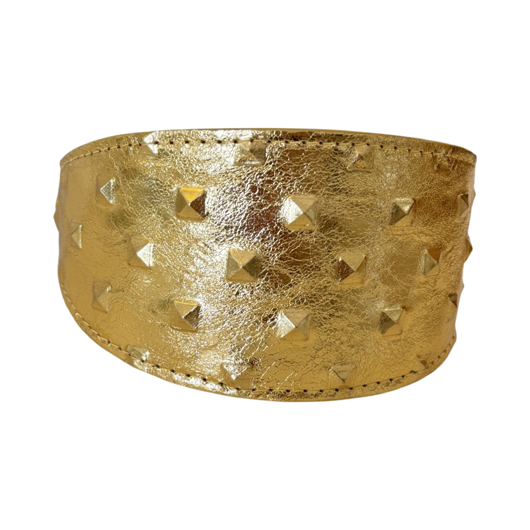Glam Gold Embossed Studded Italian Leather 3-inch wide collar with metal buckle on white background