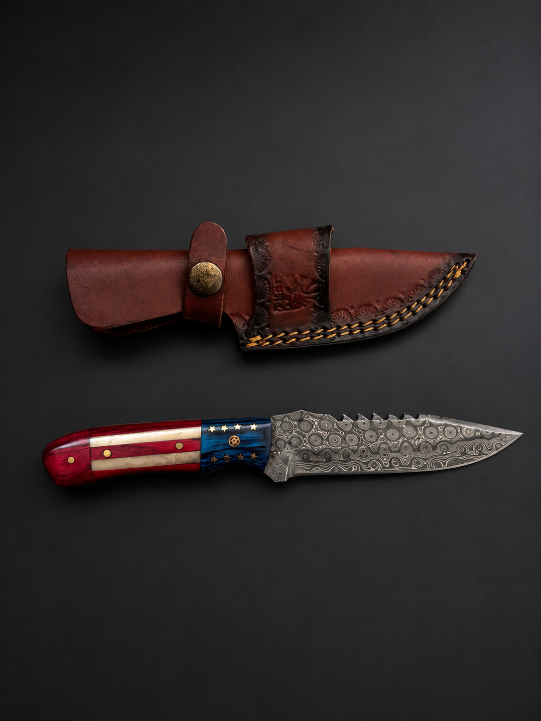 Titan Stars & Steel TK-442 knife with Damascus steel blade, patriotic handle, and leather sheath