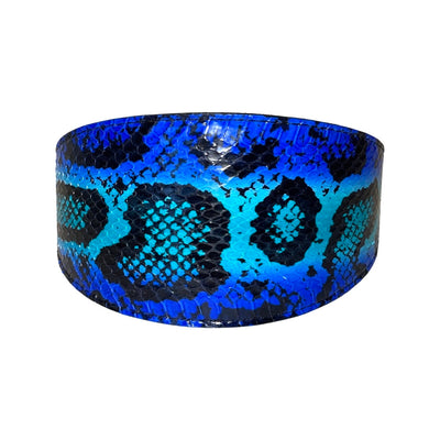 Electric/Turquoise Blue & Black 3” Wide Style Collar showcasing vibrant snake pattern and Italian leather lining
