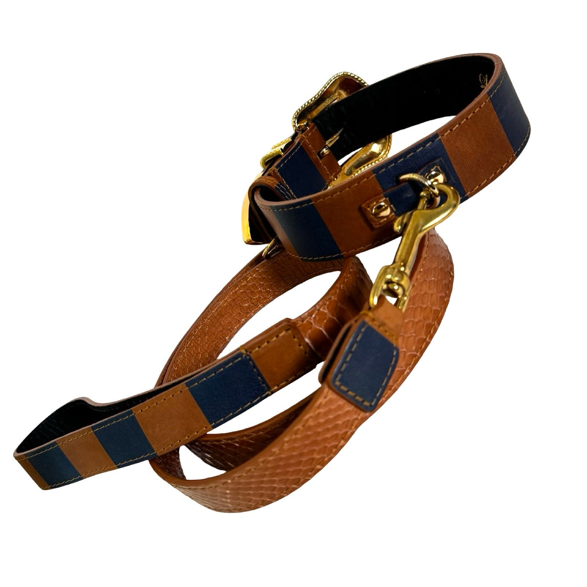 Brown and navy striped collar with gold-tone hardware paired with textured brown leash featuring a gold swivel clasp and stitched navy detailing
