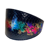 Wide black snake-patterned collar with an iridescent rainbow floral design across its center on a white background.