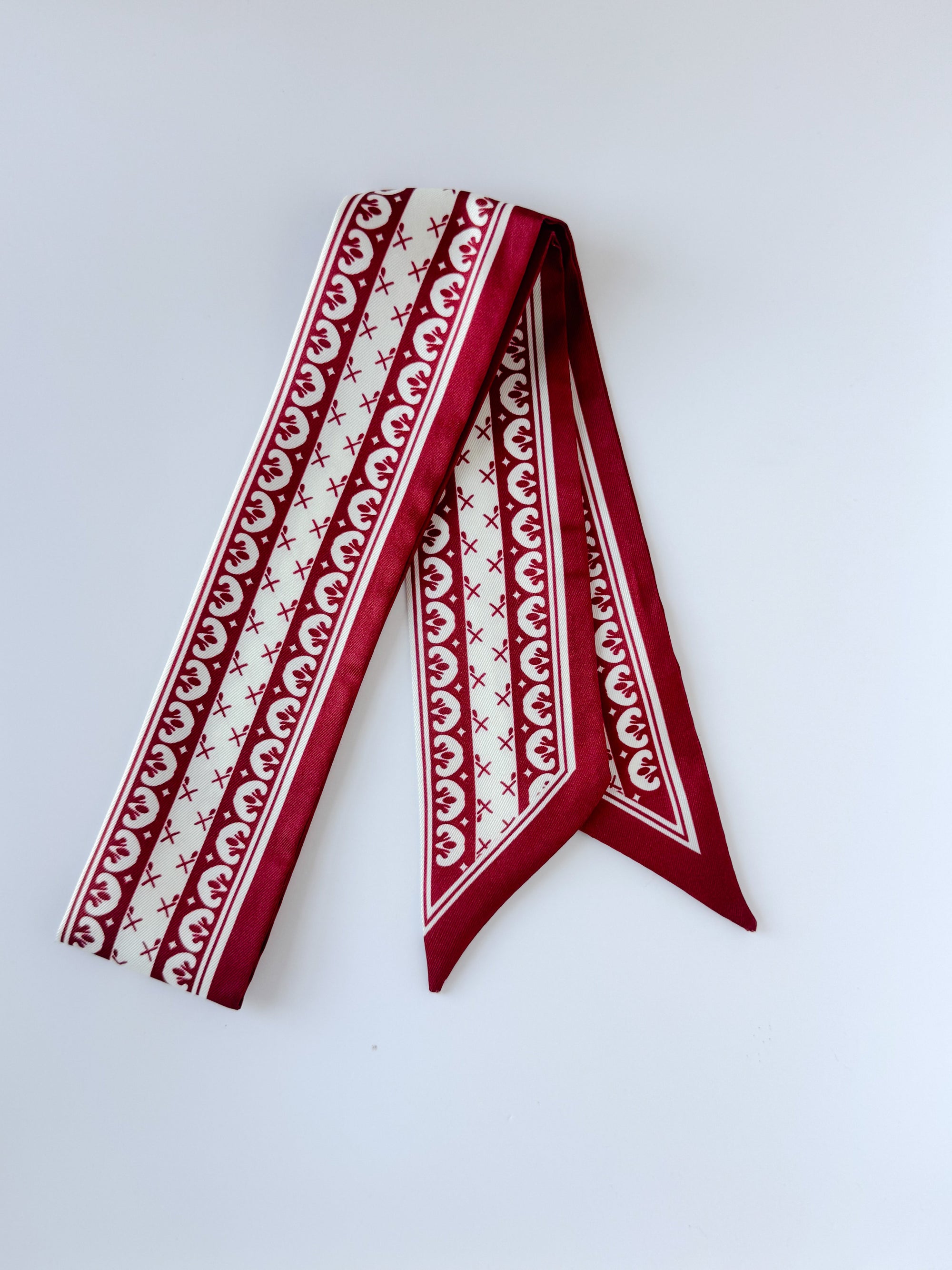 Maroon and White Ribbon Twilly skinny scarf with vibrant prints