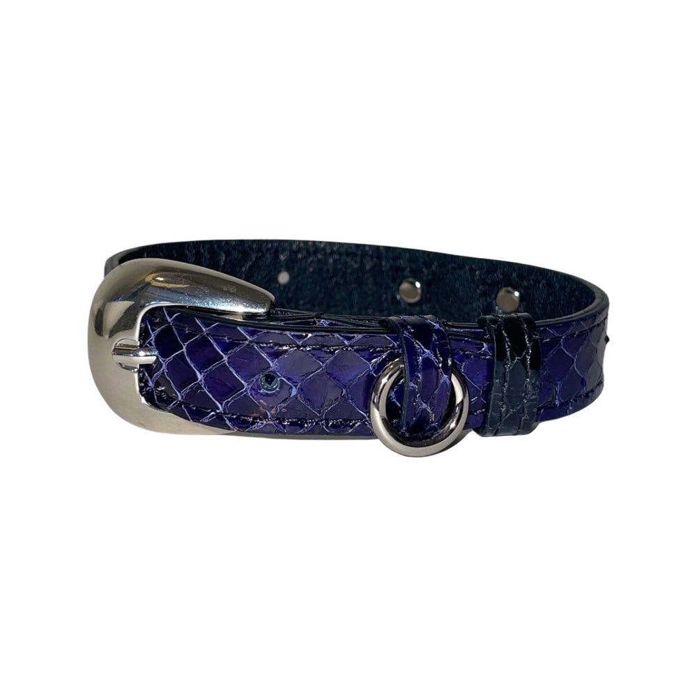 Navy blue snake-patterned leather collar with glossy finish, featuring a polished silver oval buckle and a matching D-ring, shown against a white background.