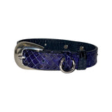 Navy blue snake-patterned leather collar with glossy finish, featuring a polished silver oval buckle and a matching D-ring, shown against a white background.