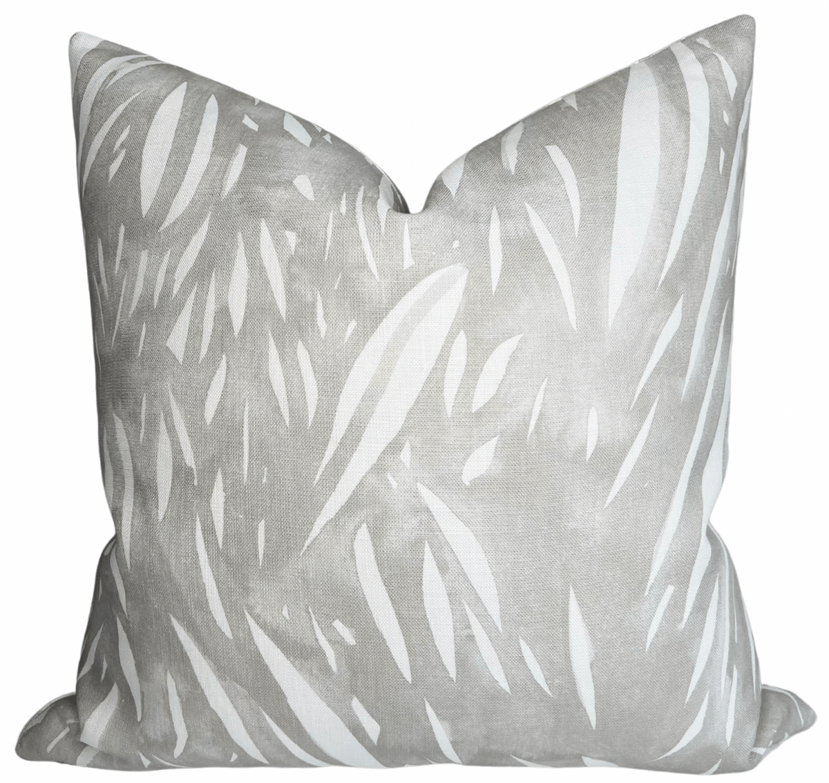 Windswept Pillow Cover in Grey showing front windswept printed fabric and ivory linen back