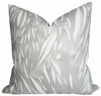 Windswept Pillow Cover in Grey showing front windswept printed fabric and ivory linen back