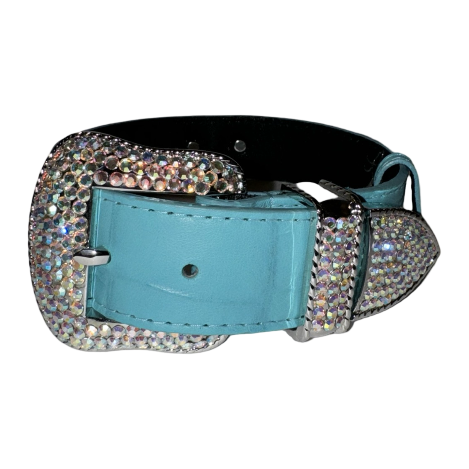 Turquoise blue embossed croc Italian leather pet collar with silver Swarovski crystal hardware