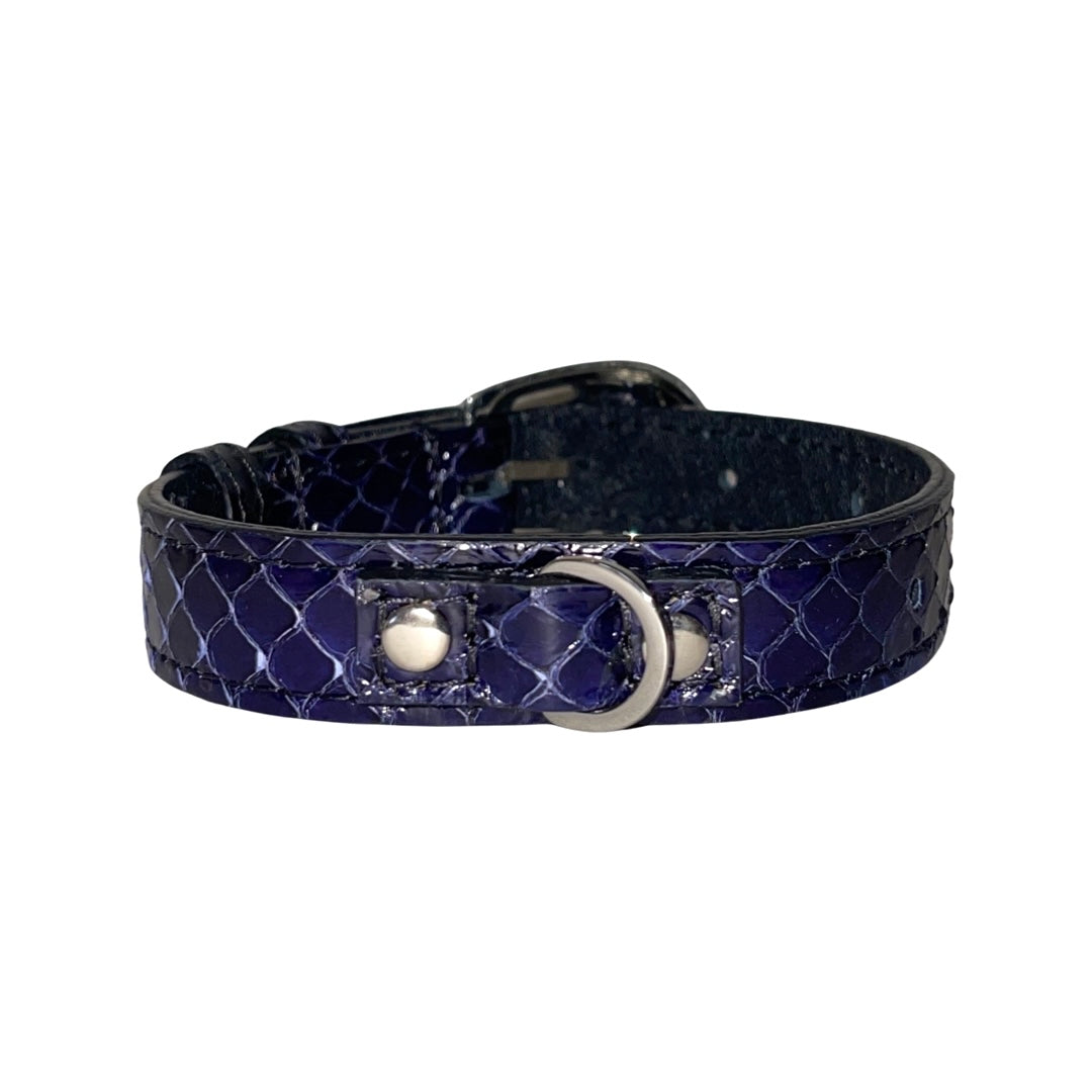 XS/S 7”-14” Navy Blue Custom Snake Collar/Custom Silver Oval Italian