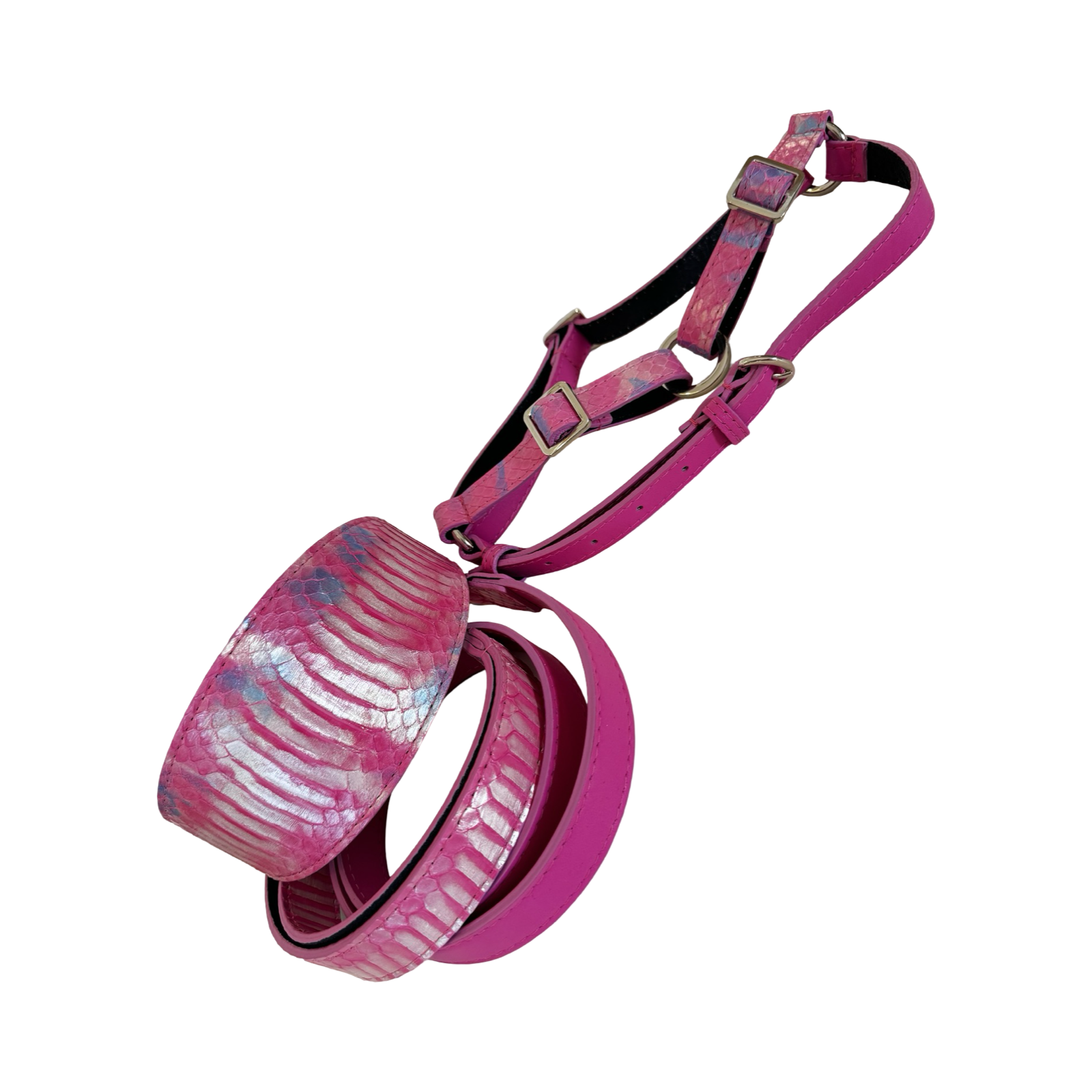 Pavé In Pink iridescent snake 3-inch wide collar, leash, and harness set showcasing vibrant pink and blue hues