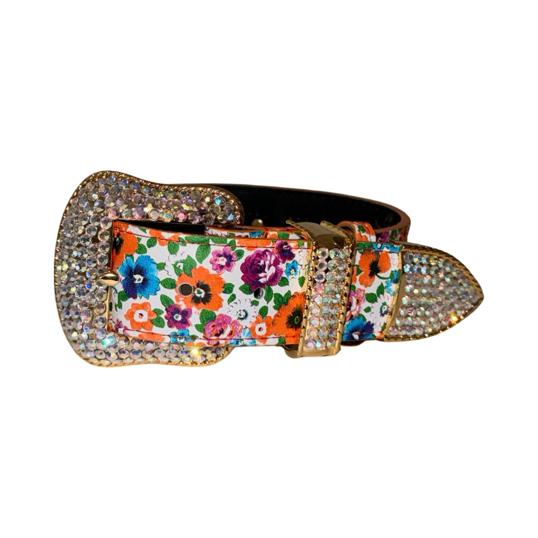 Floral Italian leather dog collar featuring poppy and pansy prints with custom Swarovski crystal buckle