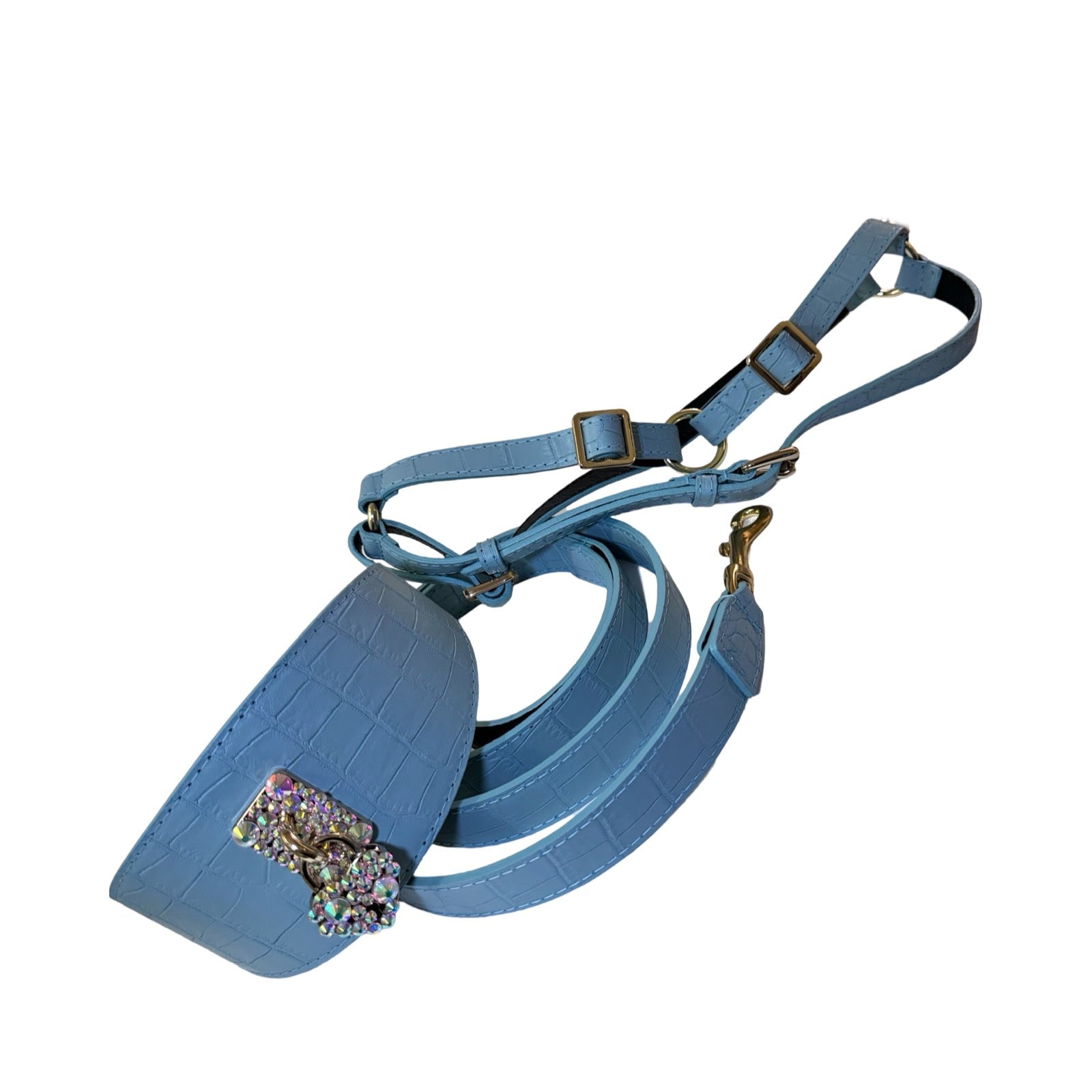 Del Mar Collar, Leash Harness Set featuring matte baby blue embossed croc leather with Swarovski Crystal Heart Locket