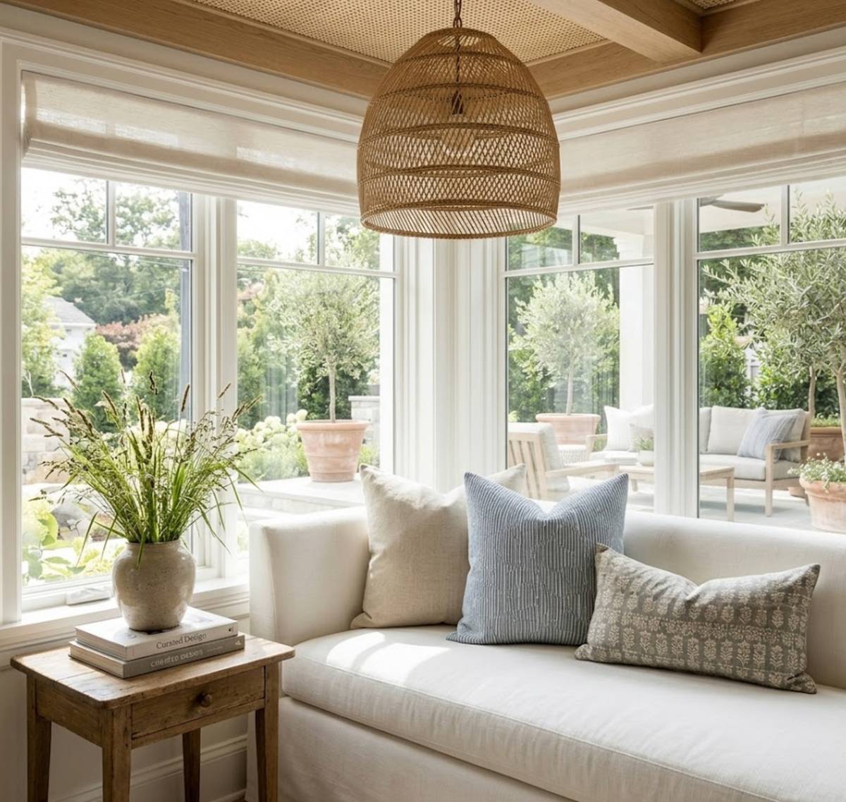 Cozy living room corner with a cream sofa adorned by beige, denim blue striped, and patterned pillows, next to a rustic wooden side table holding a ceramic vase with green foliage.