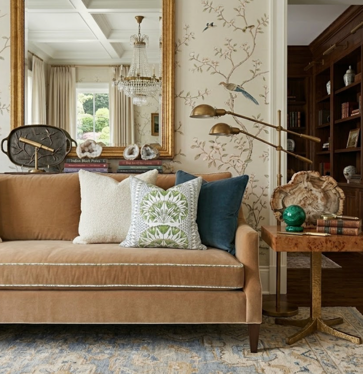 Tan velvet sofa with three decorative pillows in cream, green botanical print, and blue velvet, set against a floral bird wallpaper and large framed mirror reflecting a chandelier.