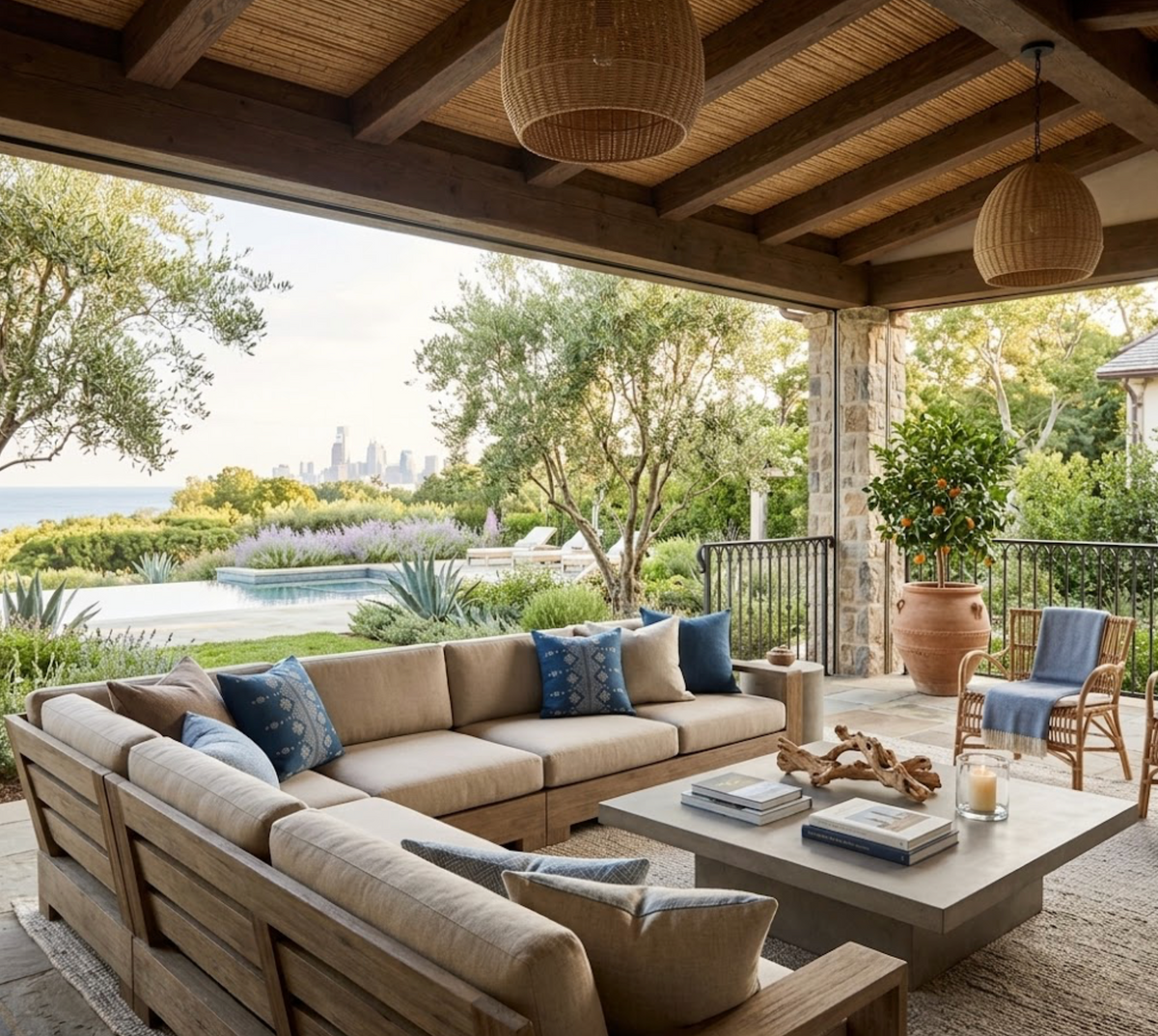 Outdoor covered seating area with beige sectional sofa, blue patterned pillows, concrete coffee table with books and candle, overlooking pool and greenery with city skyline in background