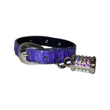 Purple iridescent snake-texture collar with a silver buckle and a cylindrical charm studded with reflective crystals attached by a silver ring.