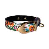 XS leather collar with bright orange, purple, and white floral pattern and shiny gold buckle and ring against white background.
