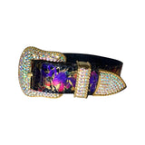 Black and purple snake collar featuring a gold-tone buckle, loop, and tip encrusted with shimmering Swarovski crystals, shown on a white background.