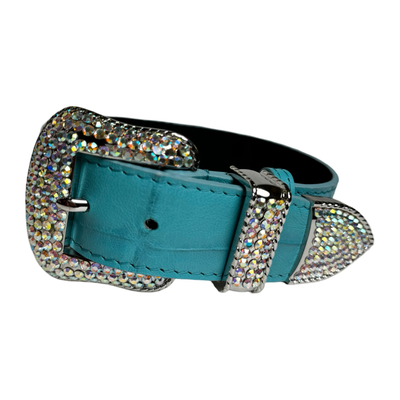 The Tiffany Collection. Gorgeous Turquoise Blue Embossed Croc Italian Leather Collar with Custom Silver Swarovski Crystal Hardware