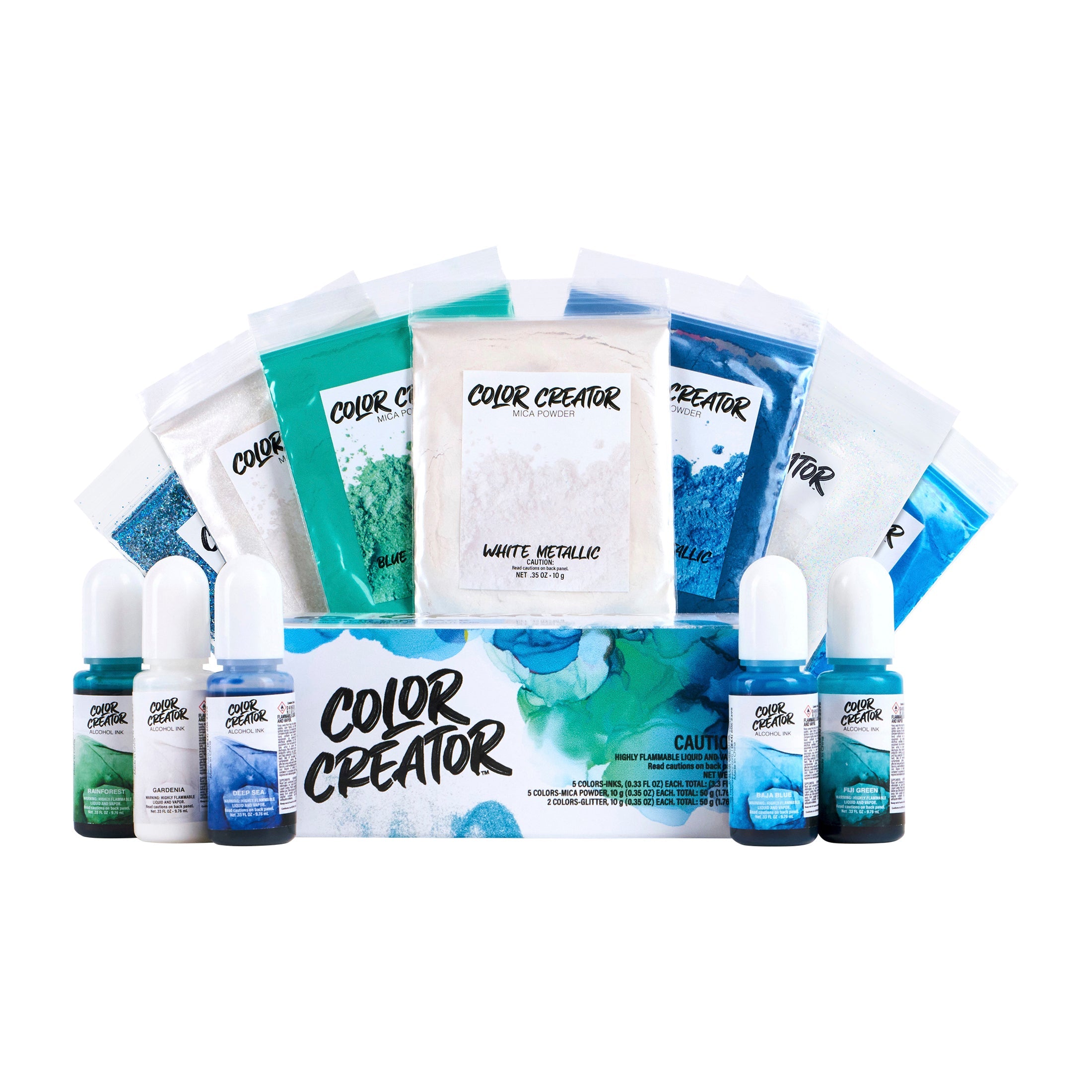Color Creator Pacific Gift Pack box with included translucent dyes, mica powders, and fine glitter bags displayed