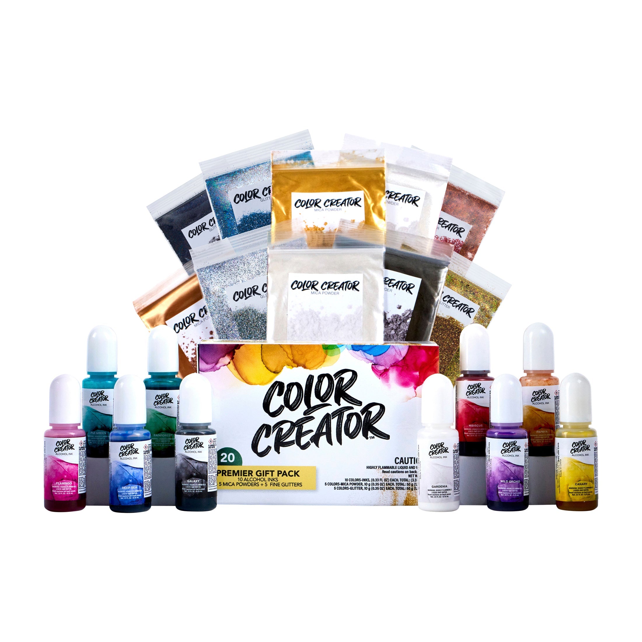 Color Creator Premier Gift Pack displaying all dyes, mica powders, and glitters arranged in an open box