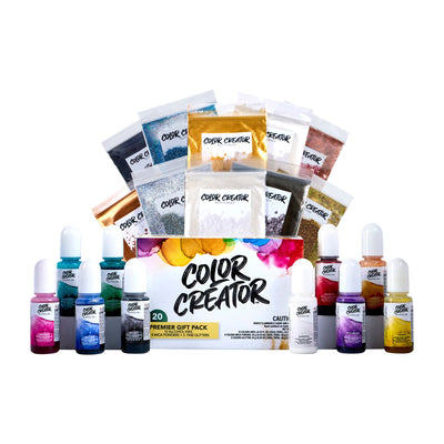 Color Creator Premier Gift Pack displaying all dyes, mica powders, and glitters arranged in an open box