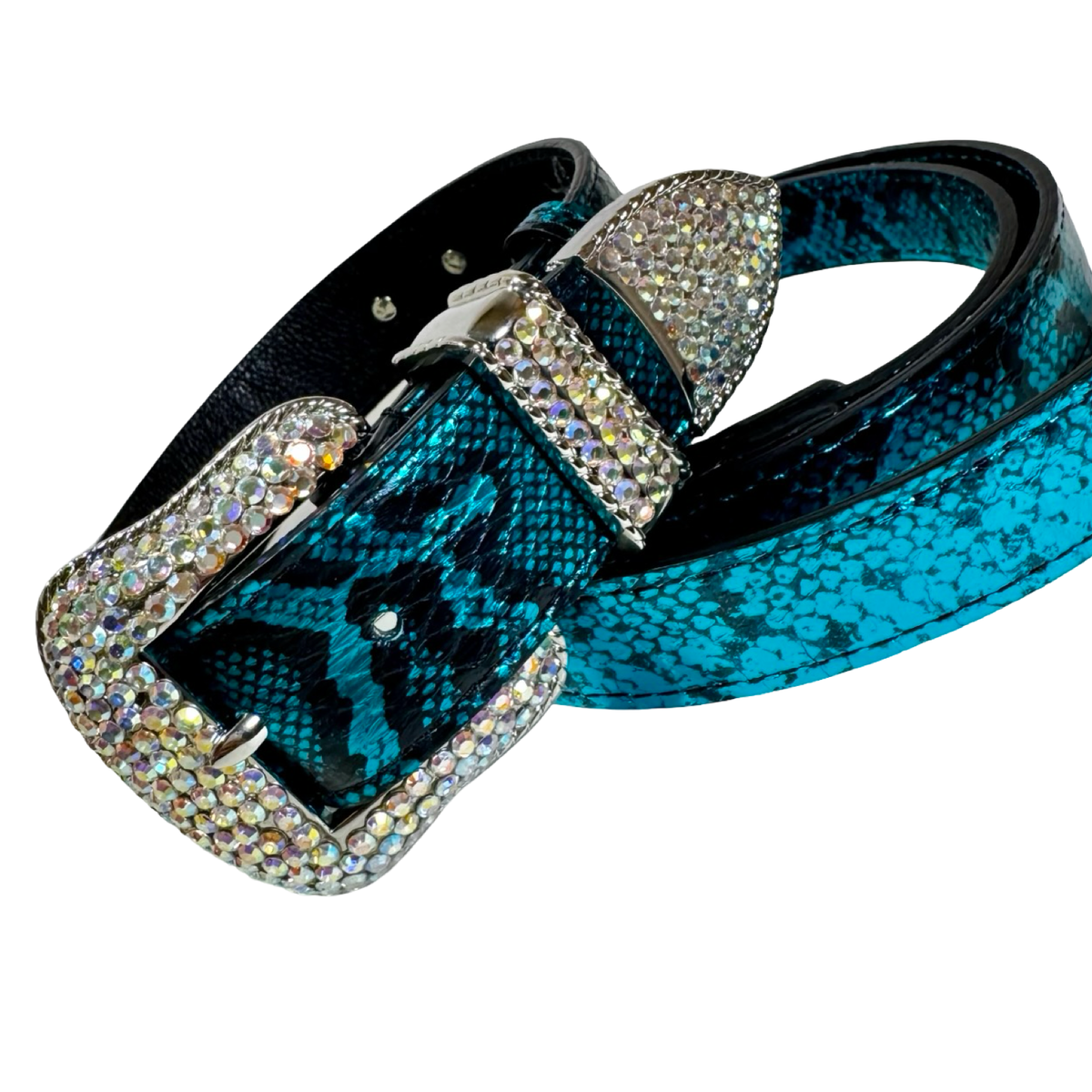 Belt with a blue and black snake pattern and a buckle, loop, and tip encrusted with small sparkling rhinestones.