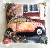 Colorful decorative small throw pillow 12" x 12" with hand illustrated and embroidered design on cotton velvet fabric