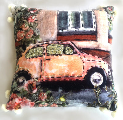 Colorful decorative small throw pillow 12" x 12" with hand illustrated and embroidered design on cotton velvet fabric