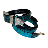 Blue and black snake-patterned leather collar with rhinestone-studded silver buckle and matching leash with silver clip.