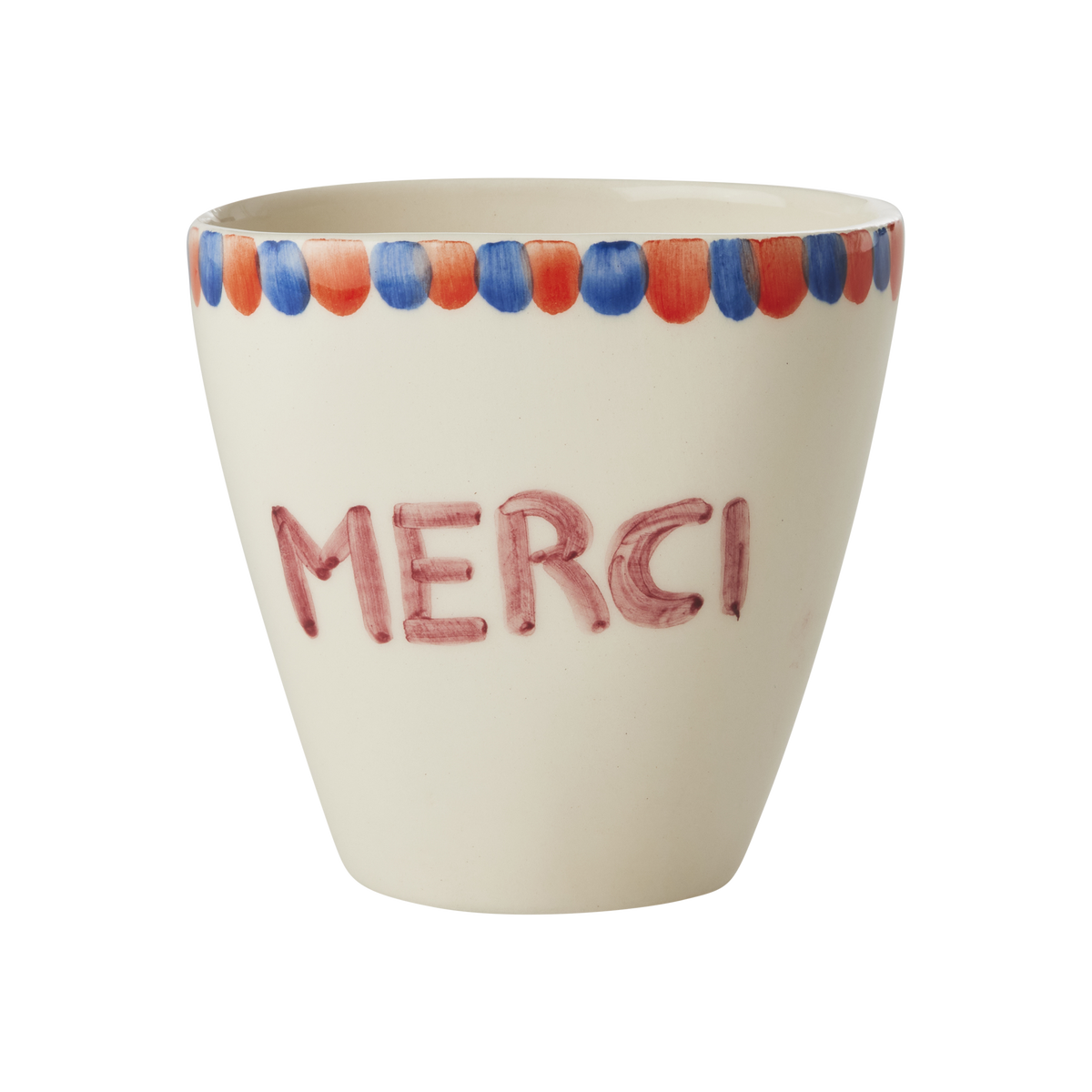 Ceramic Oval Cup with Hand Painted Merci - 10.1 oz by Rice By Rice - main product image for Resin Society