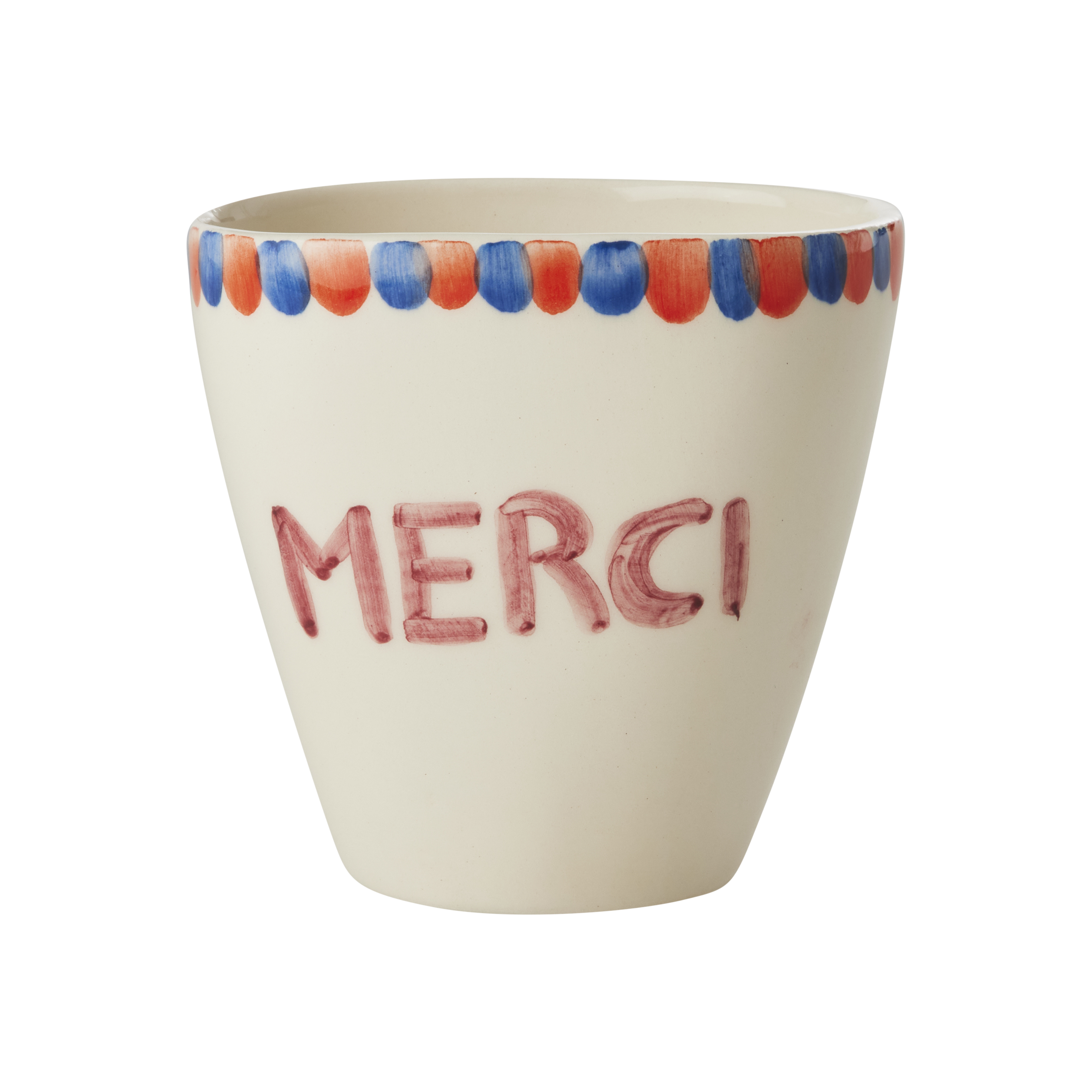 Ceramic Oval Cup with Hand Painted Merci - 10.1 oz by Rice By Rice - main product image for Resin Society