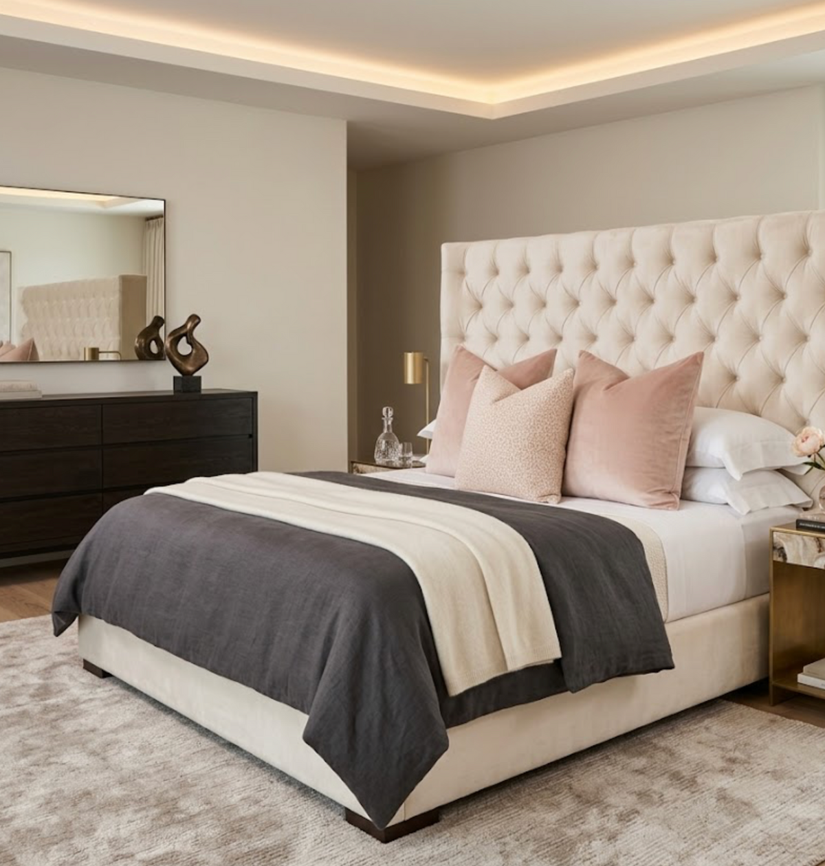 Bedroom with cream tufted headboard and bed layered in grey and cream bedding, accented by two blush pink spotted pillows, against beige walls and soft lighting.