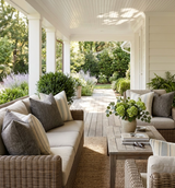 Bright covered porch with wicker seating featuring neutral and chestnut-striped pillows, a wooden coffee table with a vase of green flowers, and wood plank flooring.