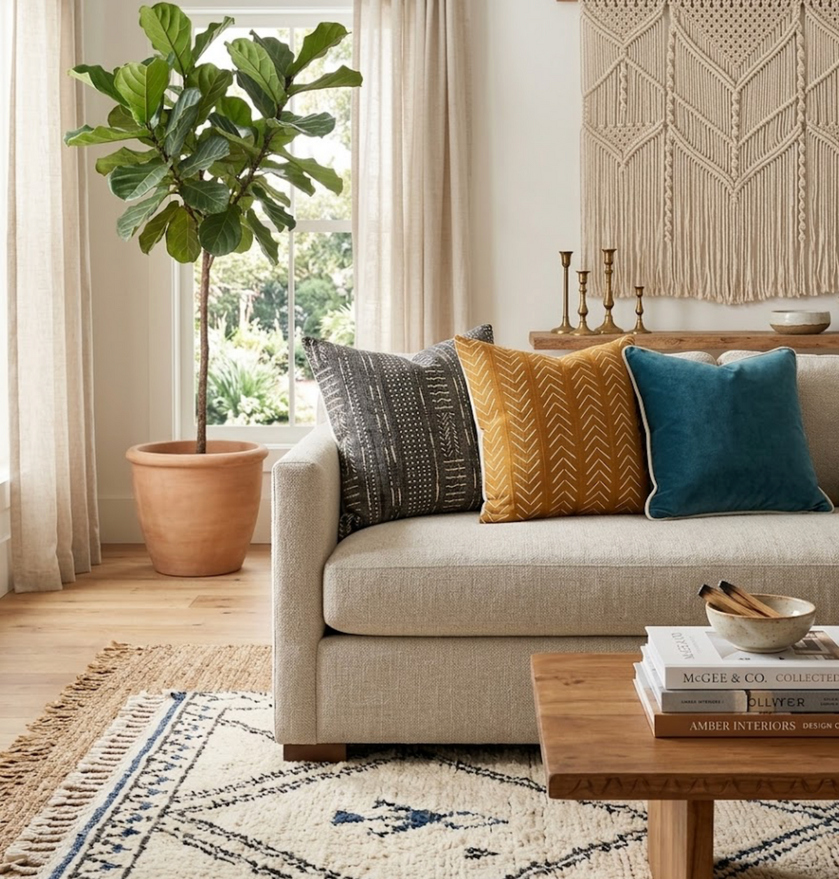 Neutral-toned living room with beige sofa adorned with three textured pillows in black mudcloth chevron, mustard yellow, and teal velvet, beside a large potted green plant.