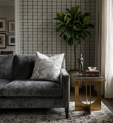 Grey velvet sofa with a white and grey Cloud Toile patterned pillow, next to a brass side table holding books and a small bronze statue, with a tall leafy plant behind.