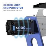 Black closed-loop stepper motor attached to blue and silver aluminum frame with text indicating 5000 mm/min max running speed and low noise operation.