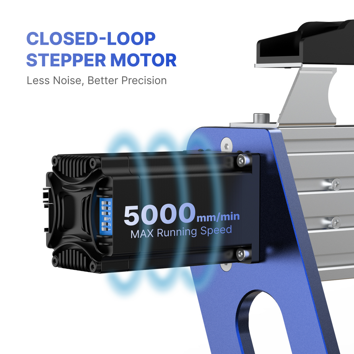 Black closed-loop stepper motor attached to blue and silver aluminum frame with text indicating 5000 mm/min max running speed and low noise operation.