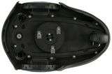 Underside of a black robotic lawnmower showing three short metal blades attached to a central circular mounting plate and two visible wheels at the top and bottom edges.