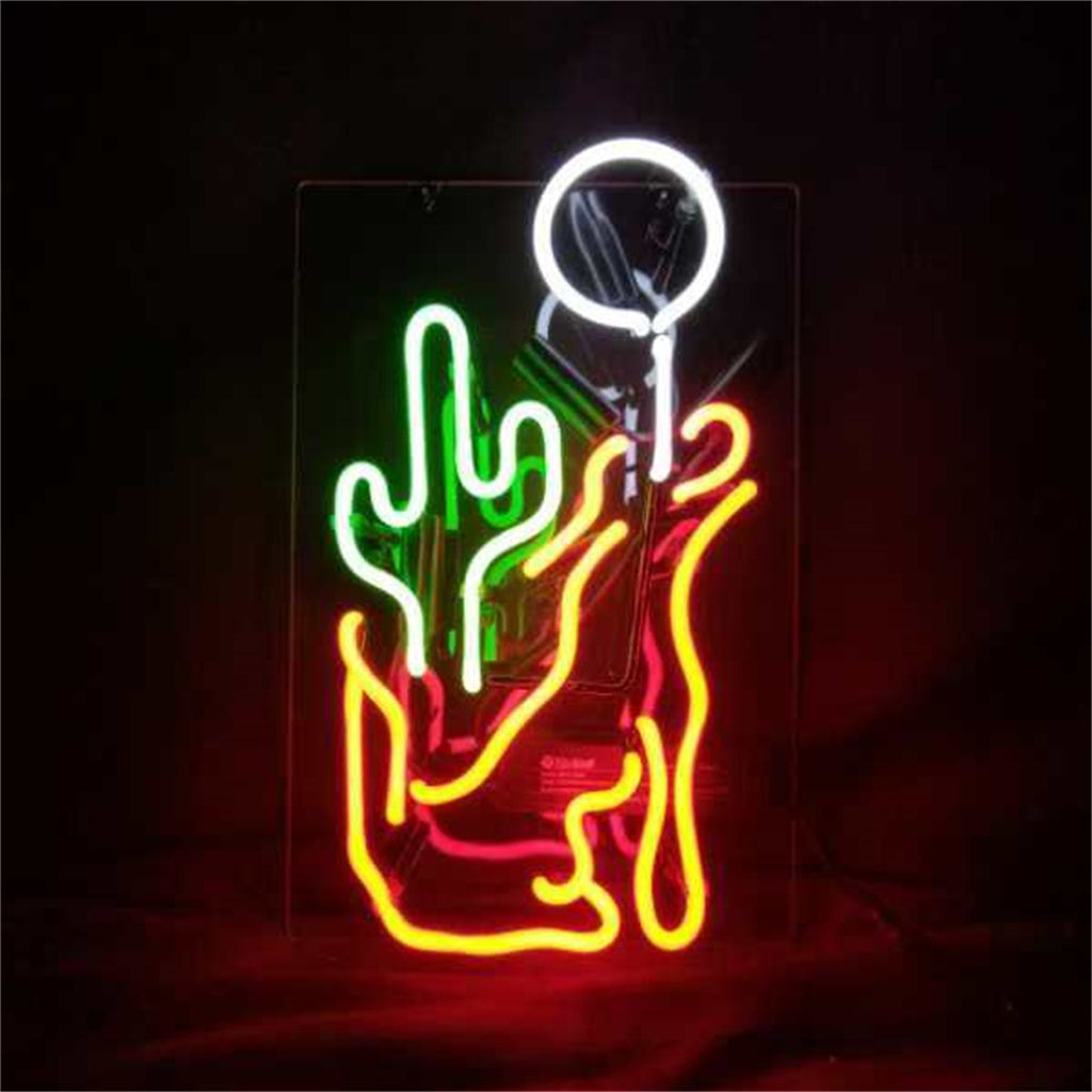 Neon sign featuring a green cactus with a white circular moon above, outlined by flowing red-orange lines resembling flames or light trails on a black background.