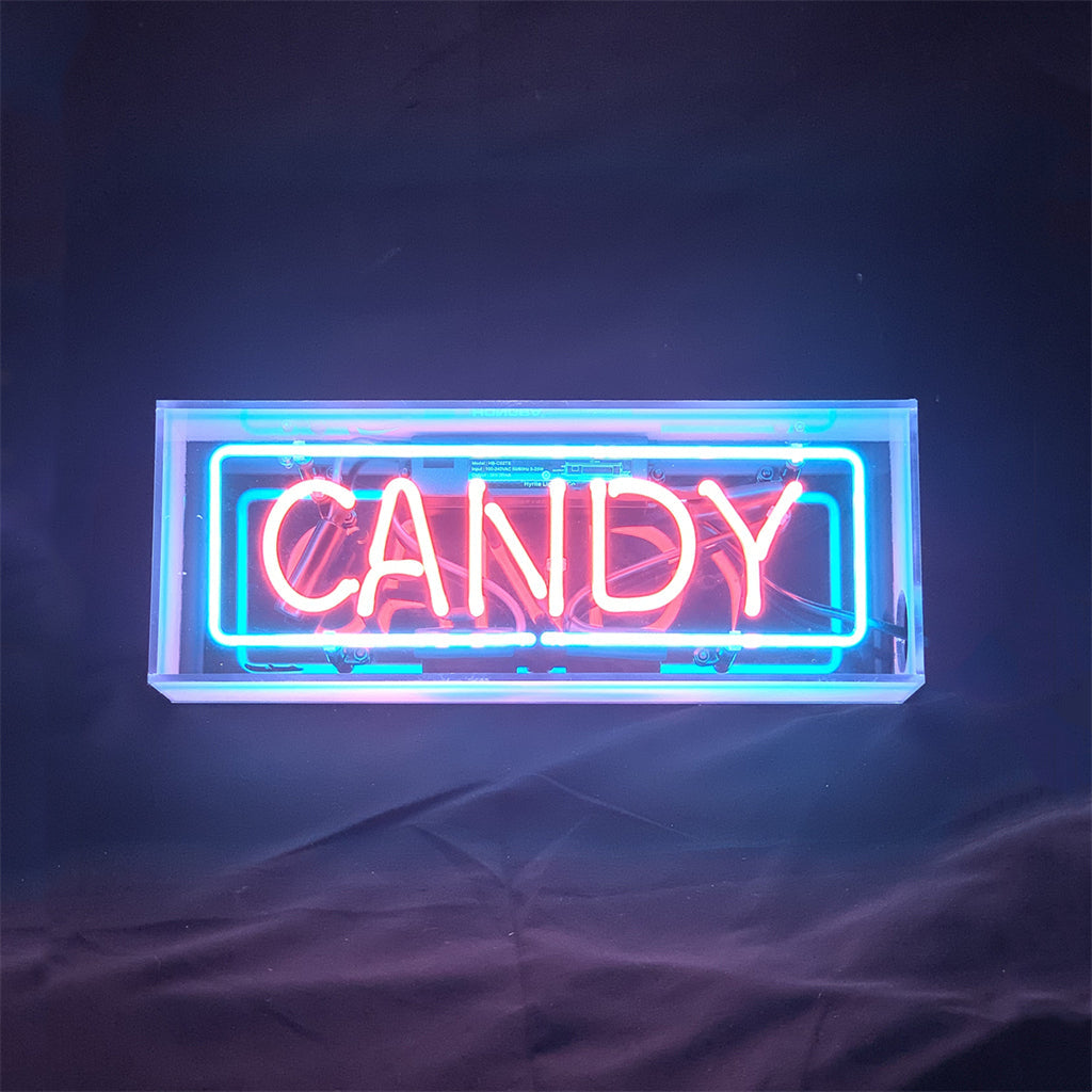 Candy Acrylic Box Neon Signs glowing with bright neon colors inside an acrylic box, suspended by metal chain