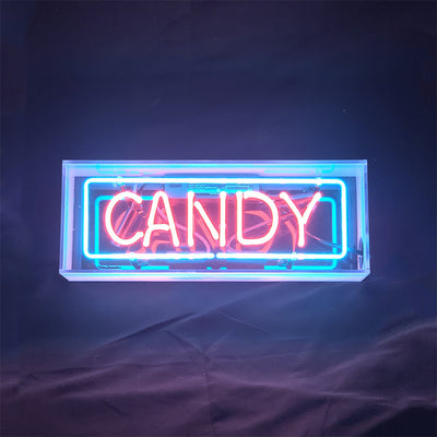 Candy Acrylic Box Neon Signs glowing with bright neon colors inside an acrylic box, suspended by metal chain