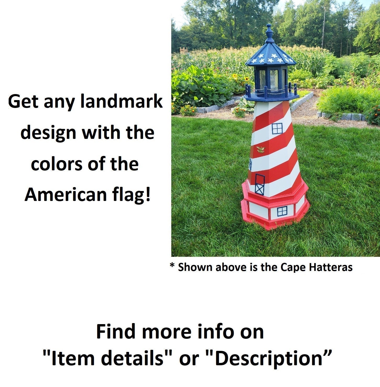 Handcrafted Amish Made Cape Hatteras Solar Lighthouse outdoor lawn ornament