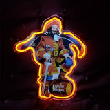 Neon sign depicting Captain Morgan pirate in red coat with white shirt, black hat, standing with one foot on a barrel labeled 'Captain Morgan' outlined by bright orange neon light.