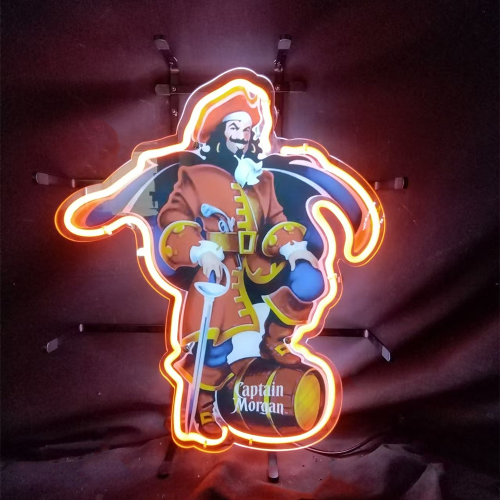 Captain Morgan Neon Sign glowing with red and orange hues on acrylic and metal grid backing